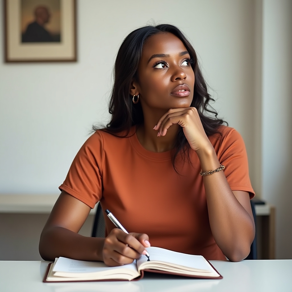 Person looking thoughtfully at a notebook, shifting perspective on personal budgeting