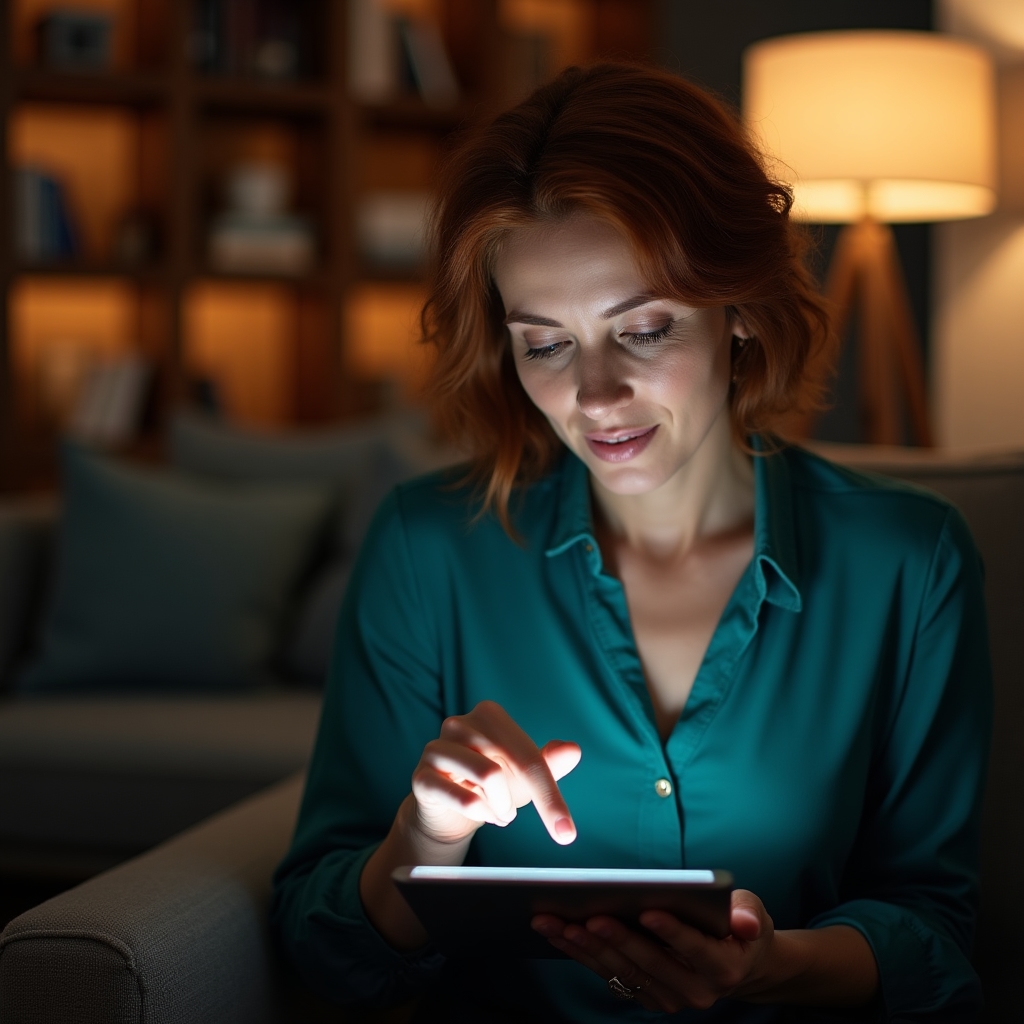 Adult reviewing monthly financial summary on a tablet with calm concentration