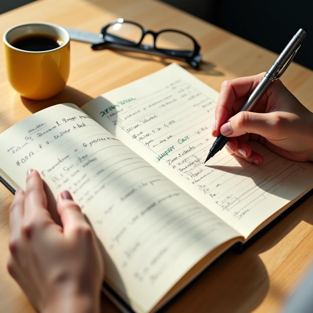 Person writing financial goals in a notebook with clear intention
