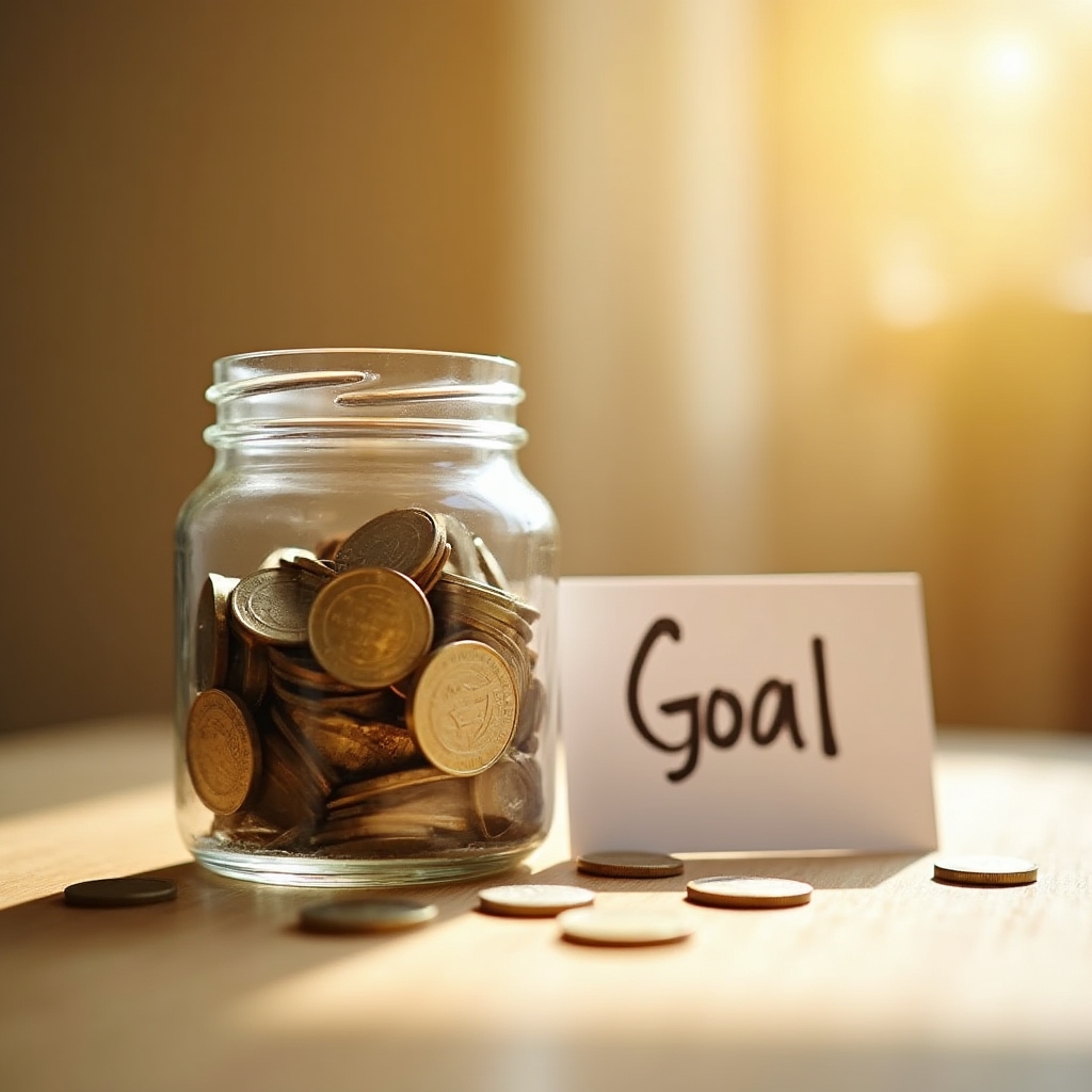 Glass jar with coins representing purposeful savings goal on a wooden surface