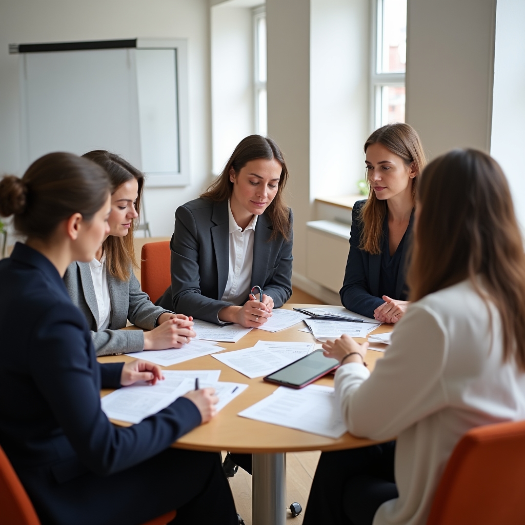 Small team of financial educators reviewing course materials around a table in a collaborative setting